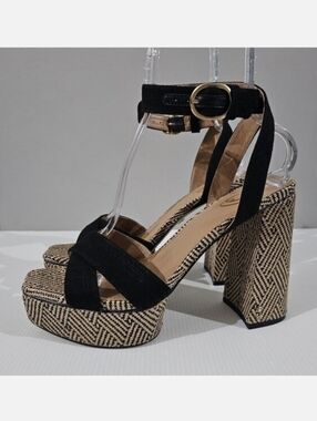 Sam Edelman Nolita Platform Block Heel Sandal Womens 10.5 Black Linen Chunky NEW